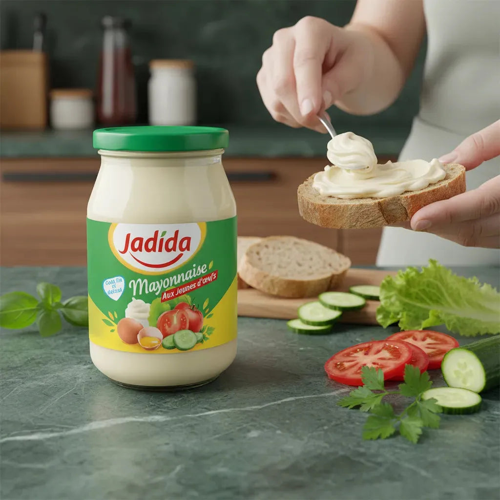 Tartine garnie de mayonnaise JADIDA crémeuse, accompagnée de légumes frais, parfaite pour sandwichs gourmands.